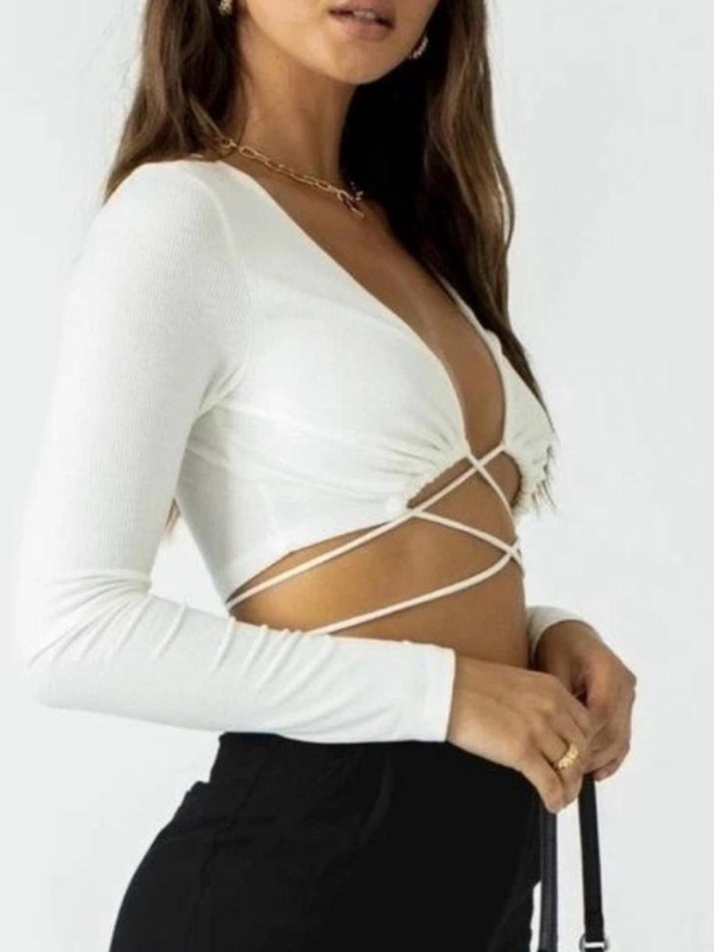 Princess Polly White Long-Sleeve Wrap Crop Top with Tie Detail